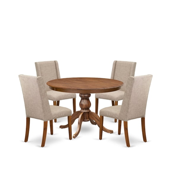 Luxe by East West Furniture 5-Piece Dinner Table Set Of A Dining Table, 4 Light Tan Fabric Mid Century Chair