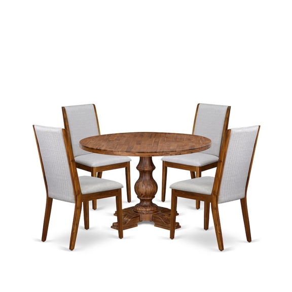 Luxe by East West Furniture 5-Pc Kitchen Table Set A Pedestal Wooden Table, 4 Grey Fabric Dining Chairs