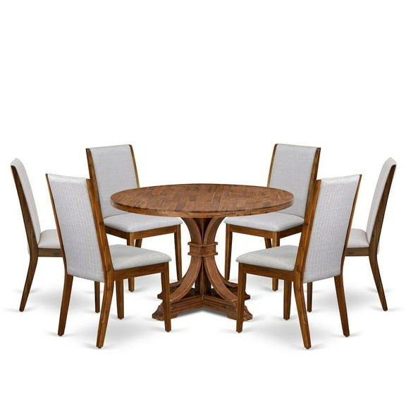 Luxe by East West Furniture 7-Pc Dining Room Set Of A Pedestal Kitchen Table, 6 Grey Fabric Dinner Chairs