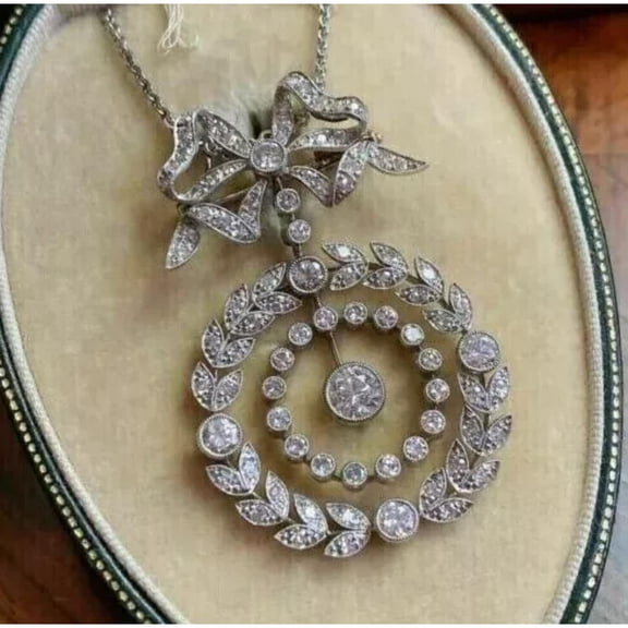 Luxe Elegant 925 Sterling Silver 14K White Gold Over CZ Diamond Bow & Laurel Wreath Dangle Women Pendant Necklace