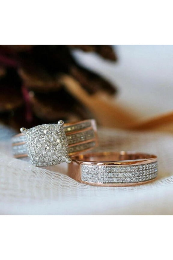 Engagement Wedding Bridal Ring Set For Women Round Cut CZ Diamond 14K Rose Gold Over 925 Silver