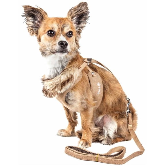 Luxe Furracious 2-in-1 Mesh Reversed Adjustable Dog Harness-Leash with Removable Fur Collar, Brown - Small