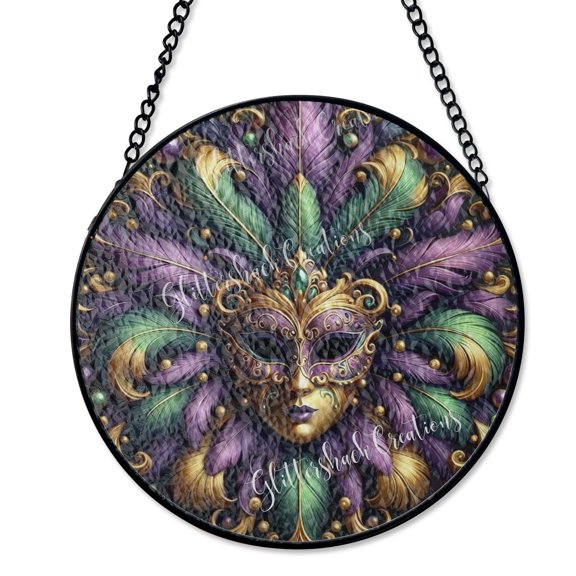 Luxe Gold Purple Jester Suncatcher Stained Glass Style UV Printed Mardi Gras Carnival Gift Round