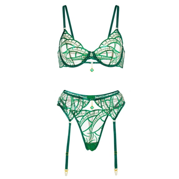 Luxe Green Metallic Foil Lace Lingerie Set (GREEN, S )