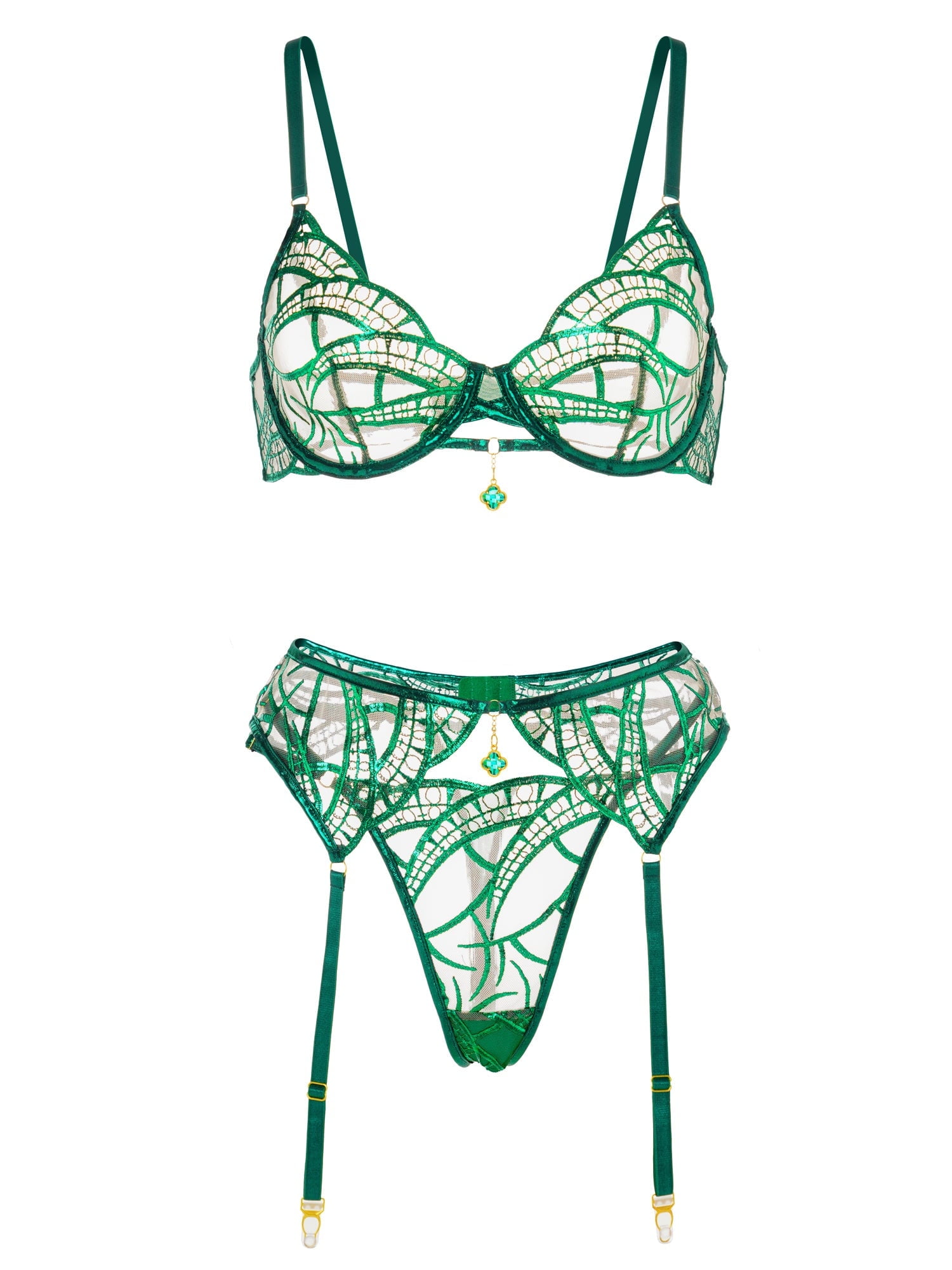 Luxe Green Metallic Foil Lace Lingerie Set (GREEN, XL+)