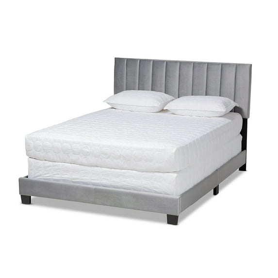Luxe Grey Velvet Fabric Upholstered Queen Size Panel Bed with Channel Tufted Headboard