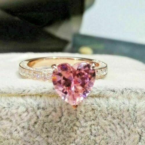 Luxe Heart Shape Pink Sapphire CZ & White Moissanite Diamond Engagement Ring for Women 14K Rose Gold Plated