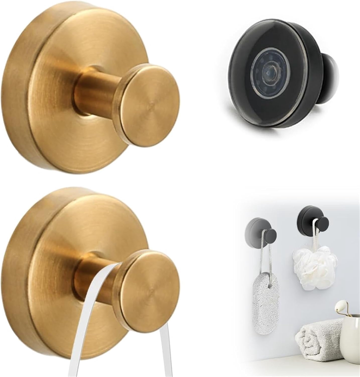 Luxe Hold No Drill Hooks for Tile, Heavy Duty Suction Cup Hooks for Shower, Removable Wall Hooks for Bathroom, Waterproof Suction Cup Hooks Kitchens Hanging Towels(2pcs Gold)