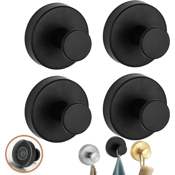 Luxe Hold No-Drill Hooks, 2024 Upgraded Suction Cup Hooks, Stainless Steel Waterproof Suction Cup Hooks (Black*4)