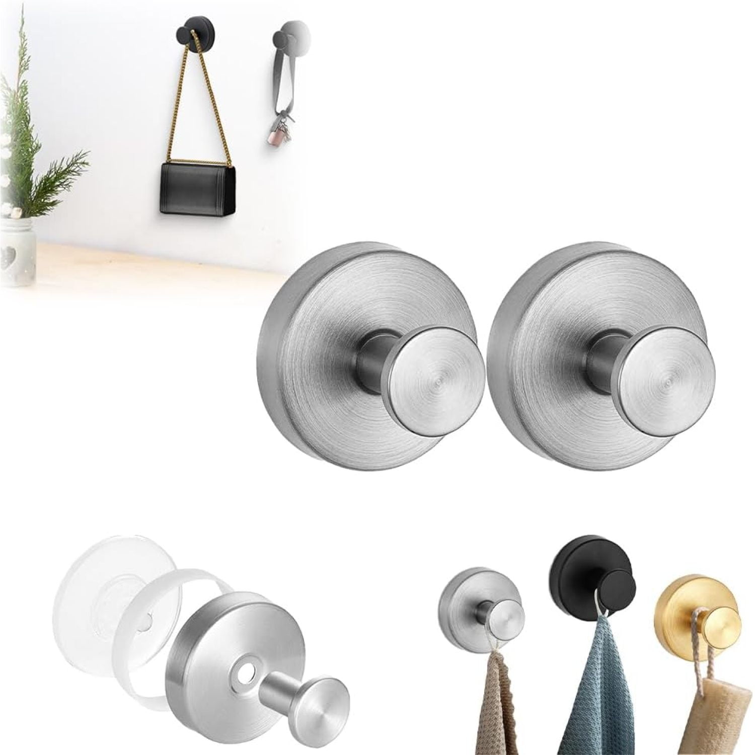No-Drill Suction Cup Hooks - 2025 Upgraded Stainless Steel, Waterproof For Shower, Glass, Tile (Black, 2Pcs)