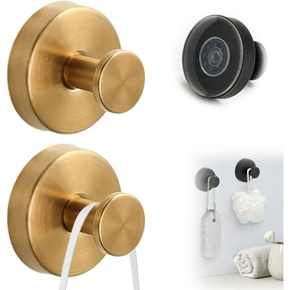 Luxe Hold No-Drill Hooks, Stainless Steel Heavy Duty Suction Cup Hooks for Shower, Waterproof Shower Towel Robe Hook Holder for Glass Marble, Tile, Paint Glossy (Gold-2pcs)