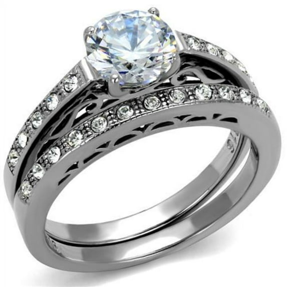 Luxe Jewelry Designs 2-Piece Stainless Steel Women's Wedding Prong Ring Set with Round Cubic