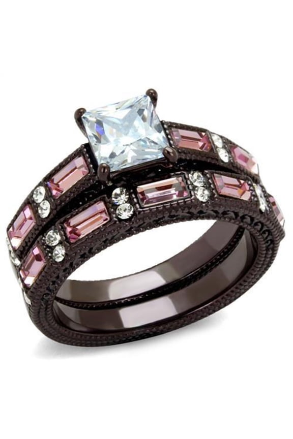 Luxe Jewelry Designs 2-Piece Women's IP Dark Brown Stainless Steel Wedding Ring Set with CZ, Size 8