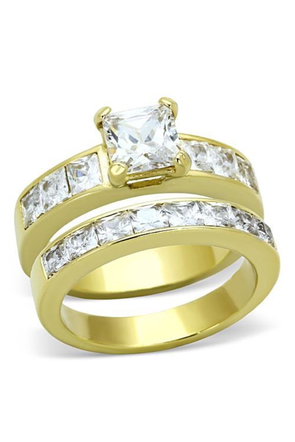Luxe Jewelry Designs 2-Piece Women's IP Gold Stainless Steel Wedding Ring Set with Cubic Zirconia,