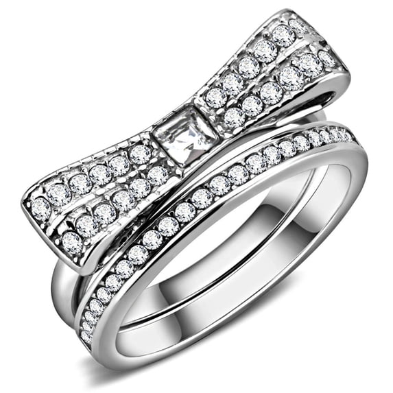 Luxe Jewelry Designs 2-Piece Women's Stainless Steel Knots and Bows Ring Set with Square Crystal,
