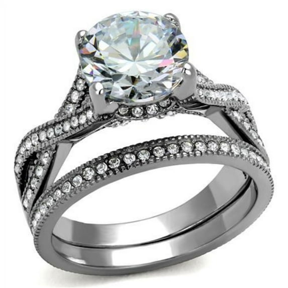 Luxe Jewelry Designs 2-Piece Women's Stainless Steel Wedding Prong Ring Set with Round Cubic