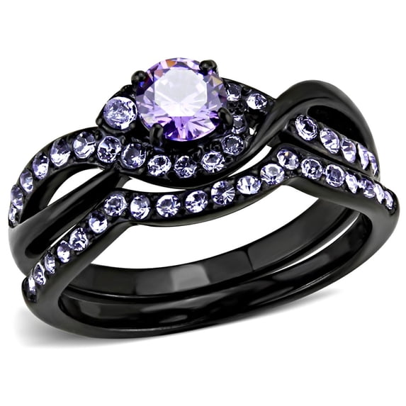 Luxe Jewelry Designs 2-Piece Women's Stainless Steel Wedding Ring Set with Amethyst Cubic Zirconia,