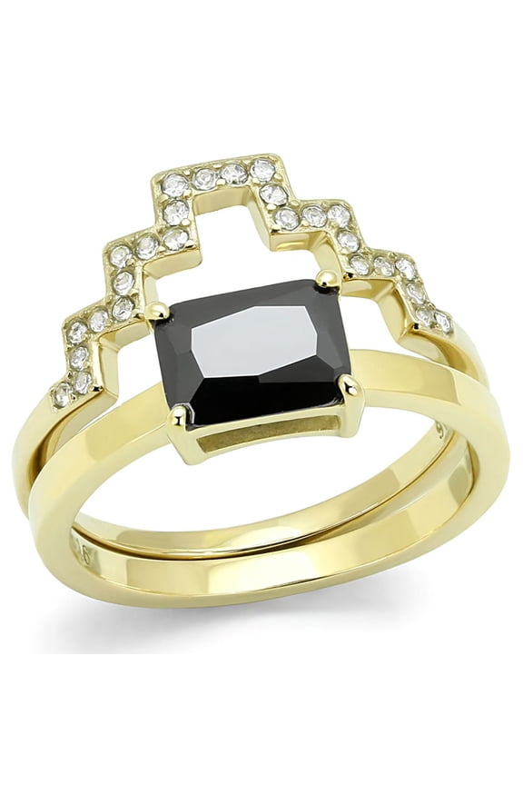 Luxe Jewelry Designs 2-piece Women's Gold Ion Plated Stainless Steel Ring with Black Diamond CZ
