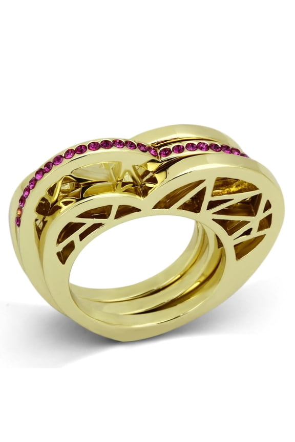 Luxe Jewelry Designs 3-Piece IP Heart Shaped Stainless Steel Women's Rings Set with Fuchsia