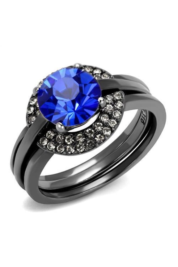 Luxe Jewelry Designs 3-Piece IP Light Black Stainless Steel Wedding Ring Set with Sapphire Crystal,