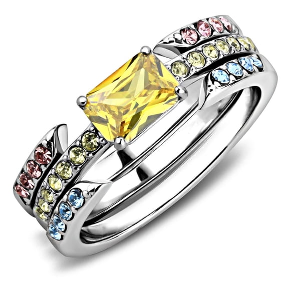Luxe Jewelry Designs 3-Piece Women's Stainless Steel Ring Set with Yellow Topaz CZ, Size 10