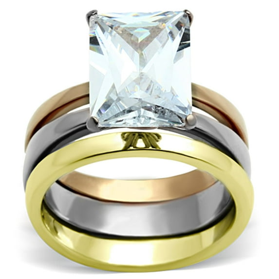 Luxe Jewelry Designs 3-Piece Women's Three Tone IP Stainless Steel Wedding Ring Set with CZ, Size 8