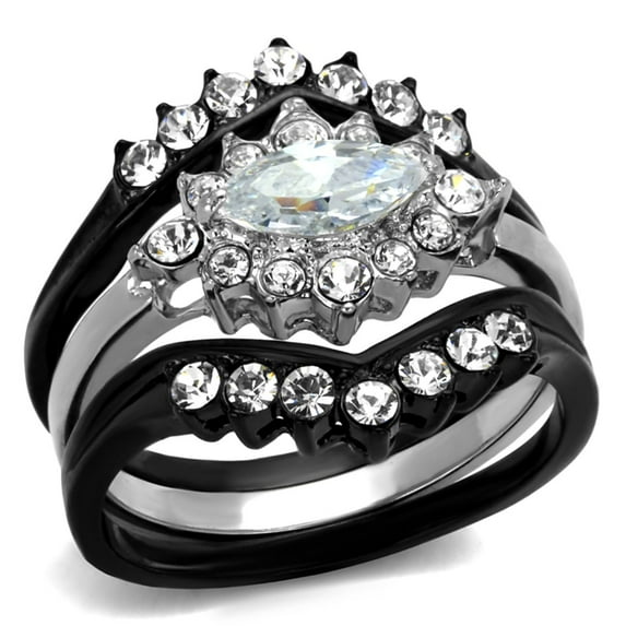Luxe Jewelry Designs 3-Piece Women's Two Tone Black IP Stainless Steel Wedding Ring Set with CZ,