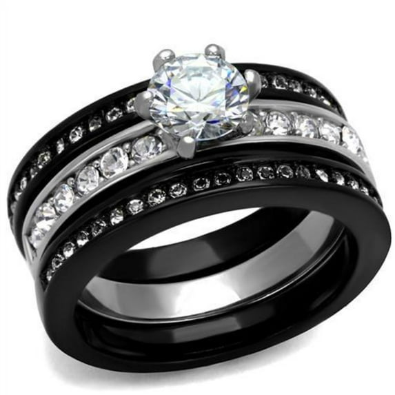 Luxe Jewelry Designs 3-Piece Women's Two Tone Black IP Stainless Steel Wedding Ring Set with CZ,