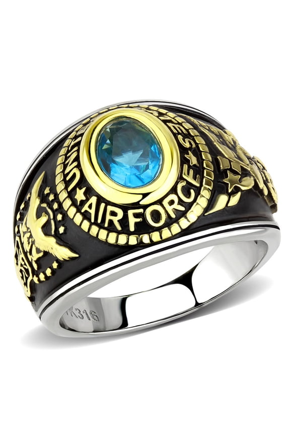 Luxe Jewelry Designs IP Gold Air Force Stainless Steel Unisex Ring with Sea Blue Synthetic Glass -