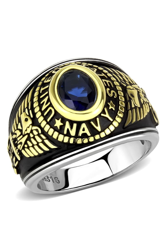 Luxe Jewelry Designs IP Gold Navy Stainless Steel Unisex Ring with Montana Synthetic Glass - Size 7