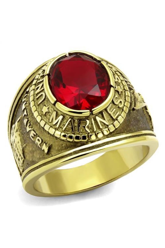 Luxe Jewelry Designs Men's Gold IP Stainless Steel Marines Ring with Siam Synthetic Glass Stone -