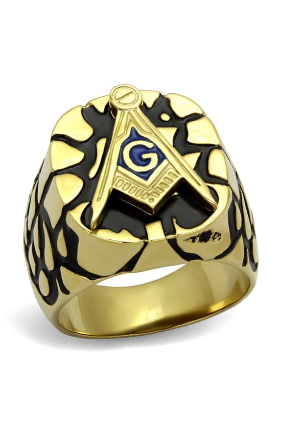 Luxe Jewelry Designs Men's Gold IP Stainless Steel Masonic Ring with Black and Capri Blue Epoxy -