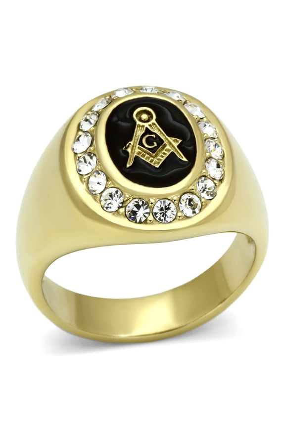 Luxe Jewelry Designs Men's Gold IP Stainless Steel Masonic Ring with Clear Crystals and Black Epoxy