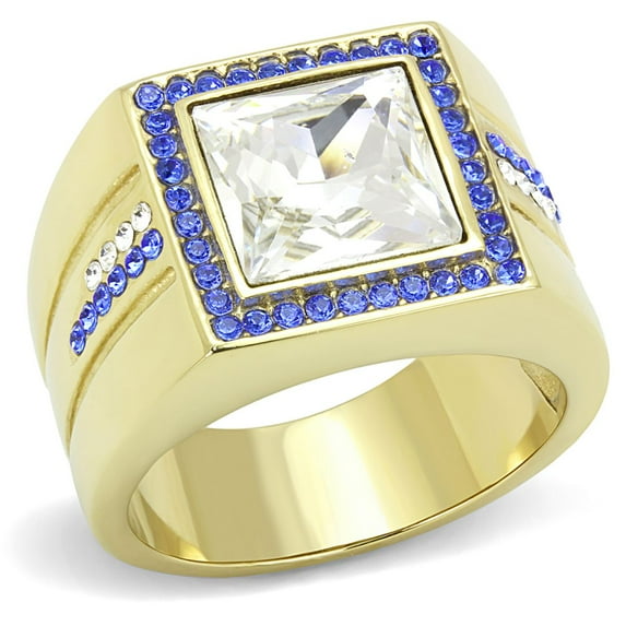 Luxe Jewelry Designs Men's Gold IP Stainless Steel Ring with Blue and Clear Crystals - Size 11