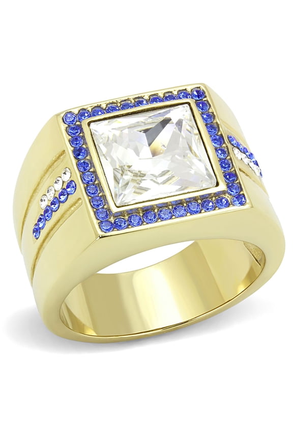 Luxe Jewelry Designs Men's Gold IP Stainless Steel Ring with Blue and Clear Crystals - Size 12