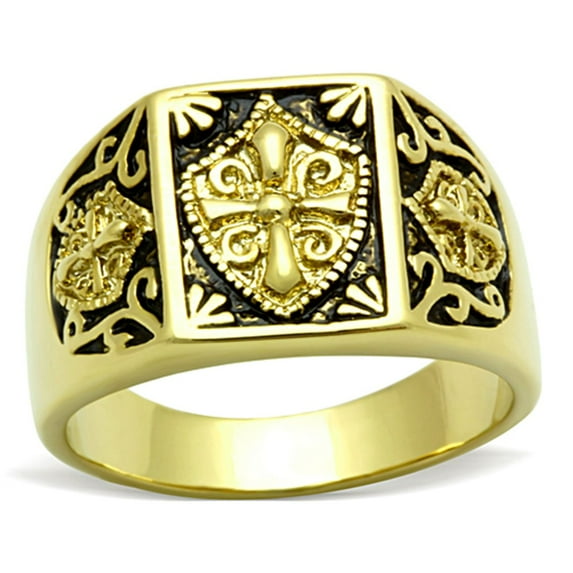 Luxe Jewelry Designs Men's Gold Ion Plated Cross Design Ring with Jet Black Epoxy - Size 10 (Pack of