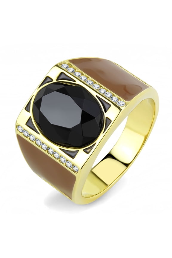 Luxe Jewelry Designs Men's Gold Ion Plated Stainless Steel Ring with Black Jet Onyx Synthetic Stone