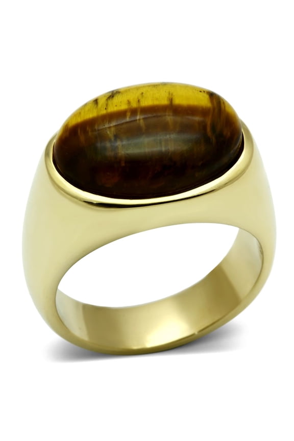 Luxe Jewelry Designs Men's Gold Ion Plated Stainless Steel Ring with Brown Topaz Synthetic Tiger Eye