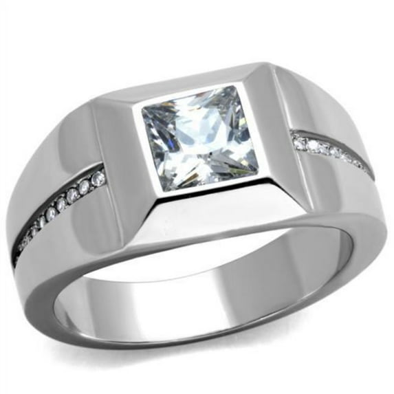 Luxe Jewelry Designs Men's High Polished Stainless Steel Ring with Square Cubic Zirconia - Size 13