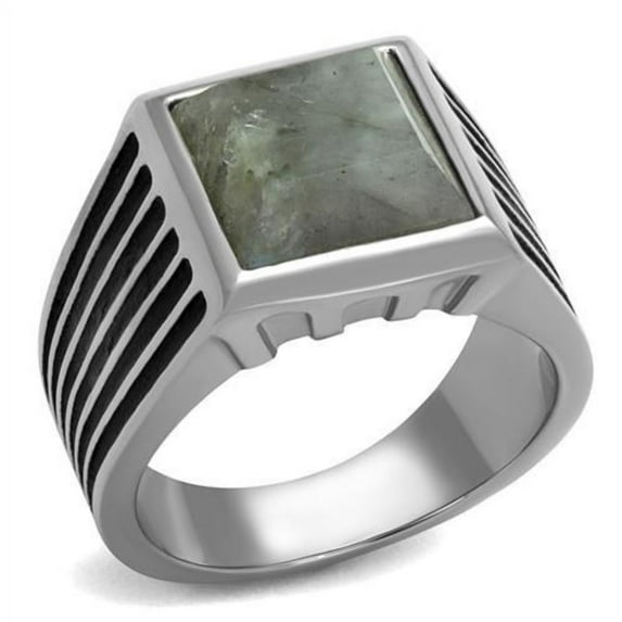 Luxe Jewelry Designs Men's High Polished Stainless Steel Ring with Synthetic Gray Twinkling Stone -