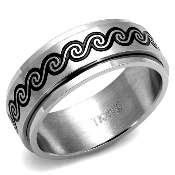 Luxe Jewelry Designs Men's High Polished Stainless Steel Ring with Wave Design Black Jet Epoxy, Size