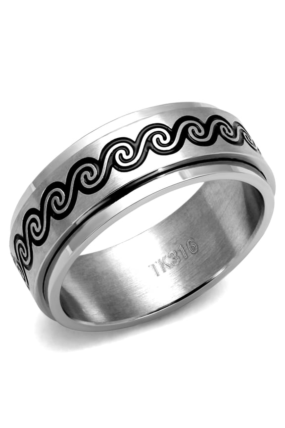 Luxe Jewelry Designs Men's High Polished Stainless Steel Ring with Wave Design Black Jet Epoxy, Size