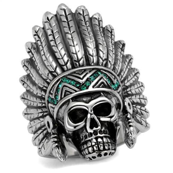 Luxe Jewelry Designs Men's High Polished Stainless Steel Skull Design Ring with Emerald Crystals -