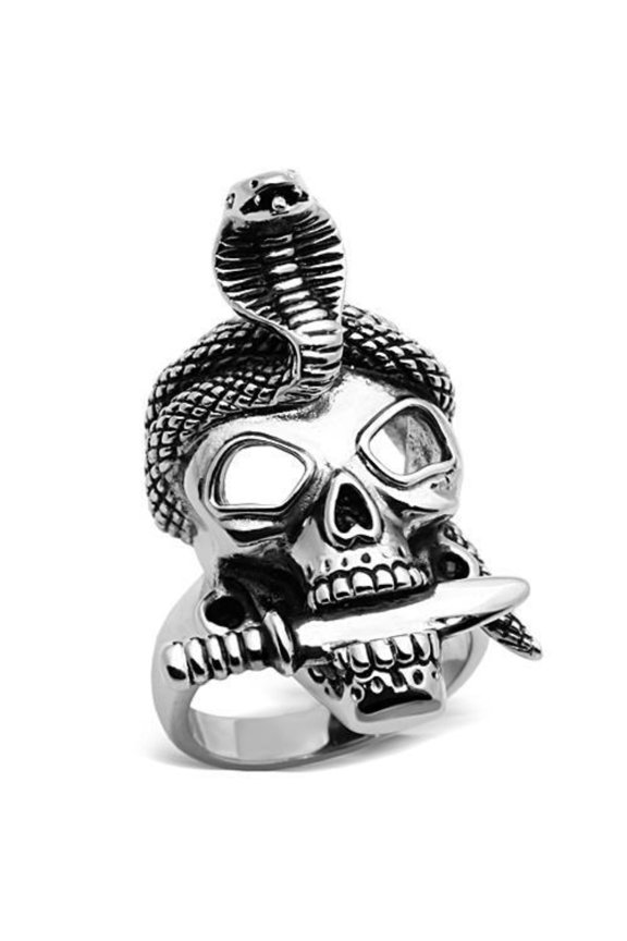 Luxe Jewelry Designs Men's High Polished Stainless Steel Skull and Snake Ring with Black Jet Epoxy -