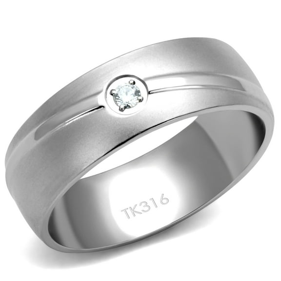 Luxe Jewelry Designs Men's High Polished Stainless Steel Solitaire Ring with Cubic Zirconia Stone,