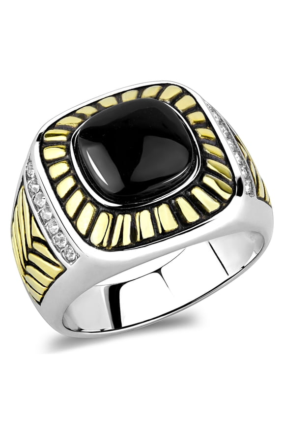 Luxe Jewelry Designs Men's Ion Plated Gold Stainless Steel Ring with Black Jet Synthetic Onyx - Size