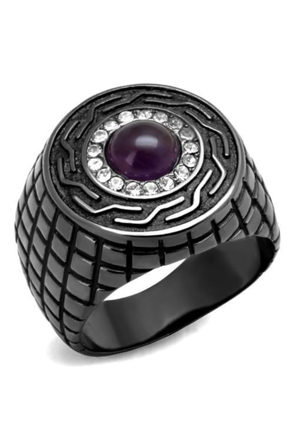 Luxe Jewelry Designs Men's Light Black Ion Plated Ring with Amethyst Semi Precious Crystal - Size 9