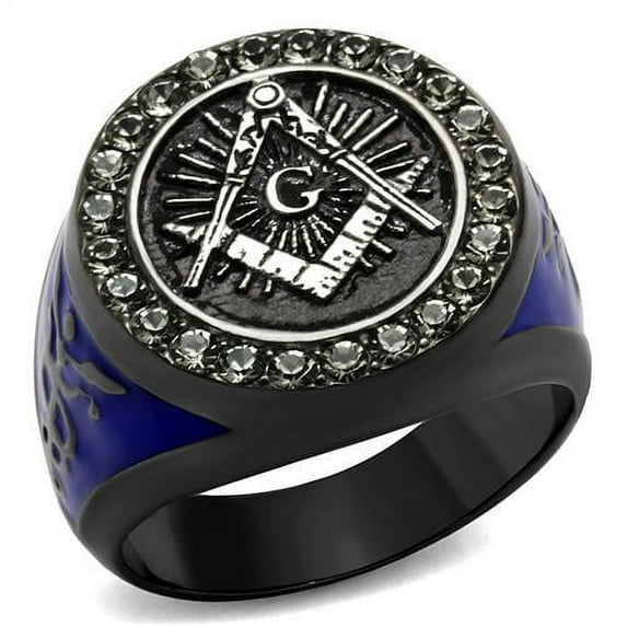Luxe Jewelry Designs Men's Masonic Style Stainless Steel Ring with Black Diamond Top Grade Crystals