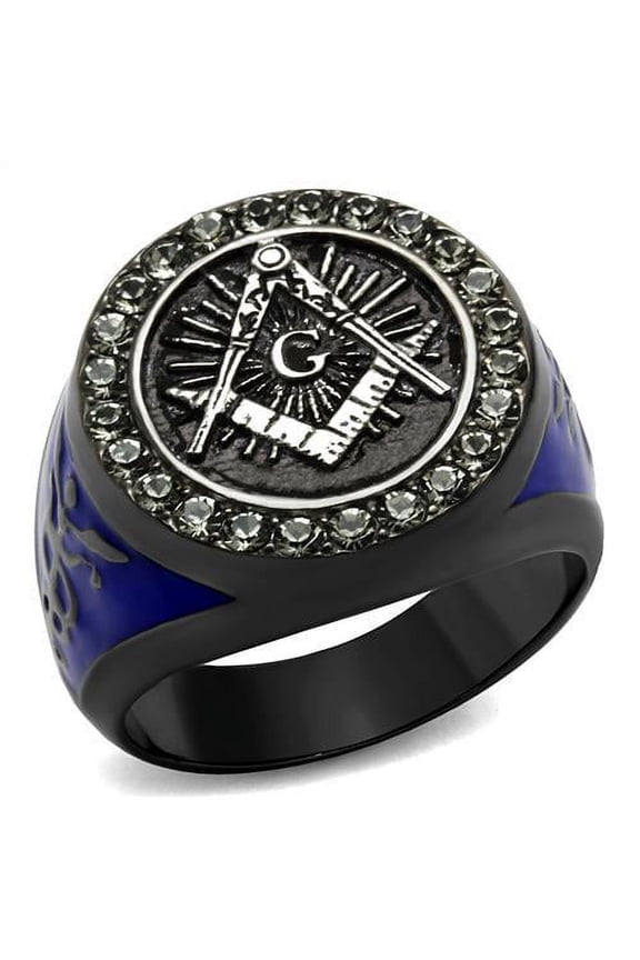 Luxe Jewelry Designs Men's Masonic Style Stainless Steel Ring with Black Diamond Top Grade Crystals