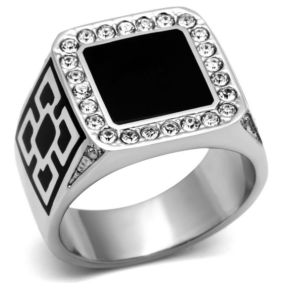 Luxe Jewelry Designs Men's Squared Stainless Steel Ring with Round Clear Crystals and Epoxy - Size